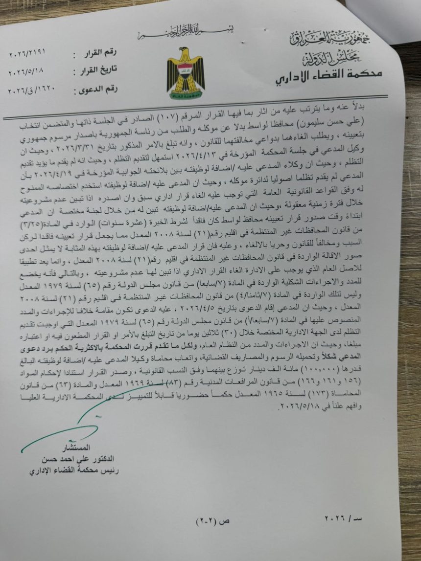 بالوثائق.. محكمة القضاء الإداري تقرر الإبقاء على علي سليمون محافظاً لواسط
