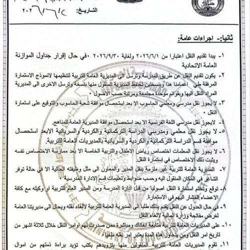 التربية تعلن ضوابط النقل بين المحافظات للهيئات التعليمية والتدريسية