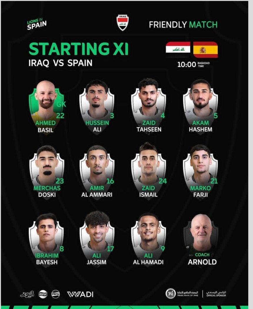 تشكيلة المنتخب الوطني العراقي لمواجهة إسبانيا ودياً