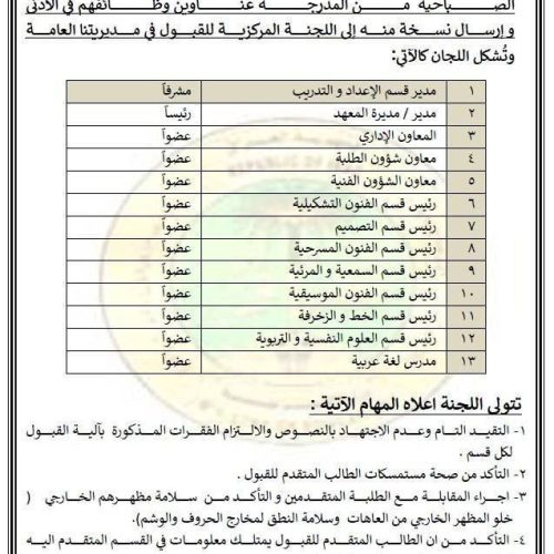 التربية تعلن ضوابط وأسس القبول في معاهد الفنون الجميلة للدراسة الصباحية