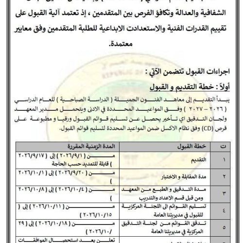 التربية تعلن ضوابط وأسس القبول في معاهد الفنون الجميلة للدراسة الصباحية