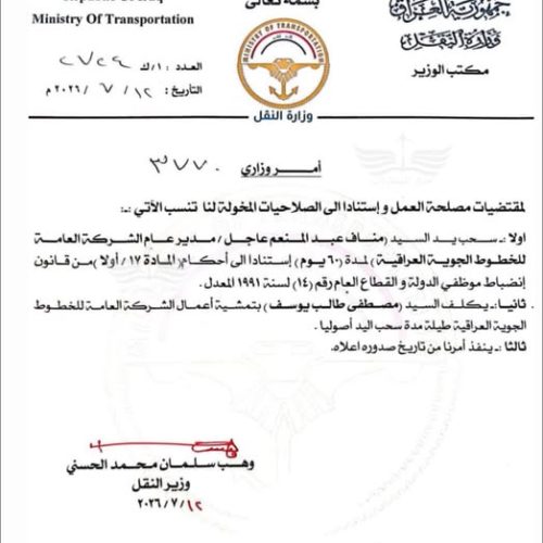 بالوثيقة.. سحب يد مدير عام الخطوط الجوية العراقية مناف عبد المنعم لمدة 60 يوماً