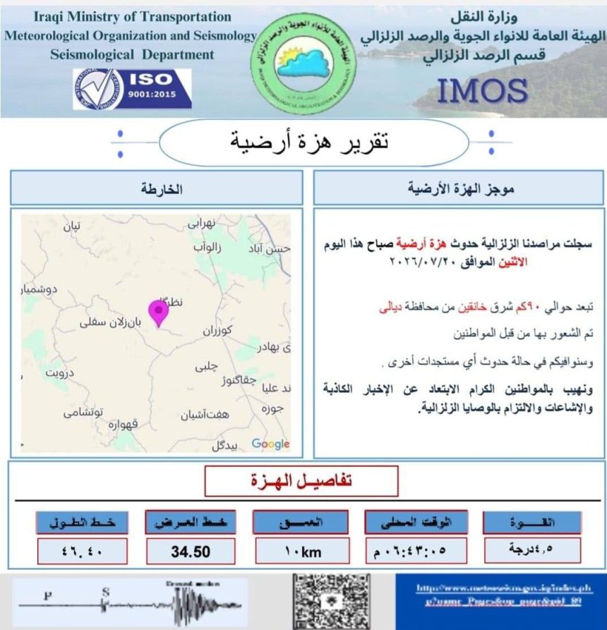 هزة أرضية بقوة 4.5 درجة تضرب شرق ديالى قرب الحدود العراقية الإيرانية