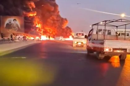 اندلاع النيران في صهريج نتيجة انقلابه على طريق الشعلة السريع شمالي بغداد