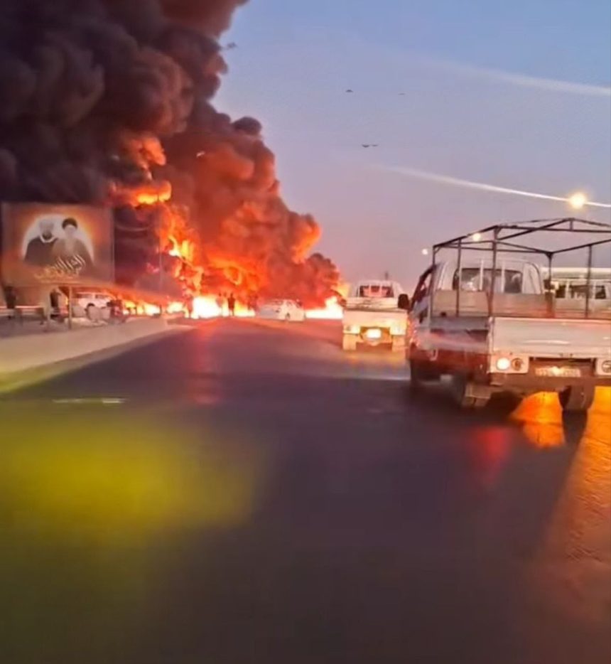 اندلاع النيران في صهريج نتيجة انقلابه على طريق الشعلة السريع شمالي بغداد
